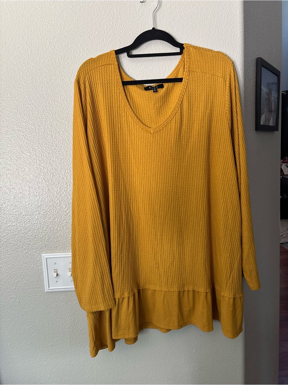 B.L.E.U. Mustard Waffle-Knit Long Sleeve V-Neck Top